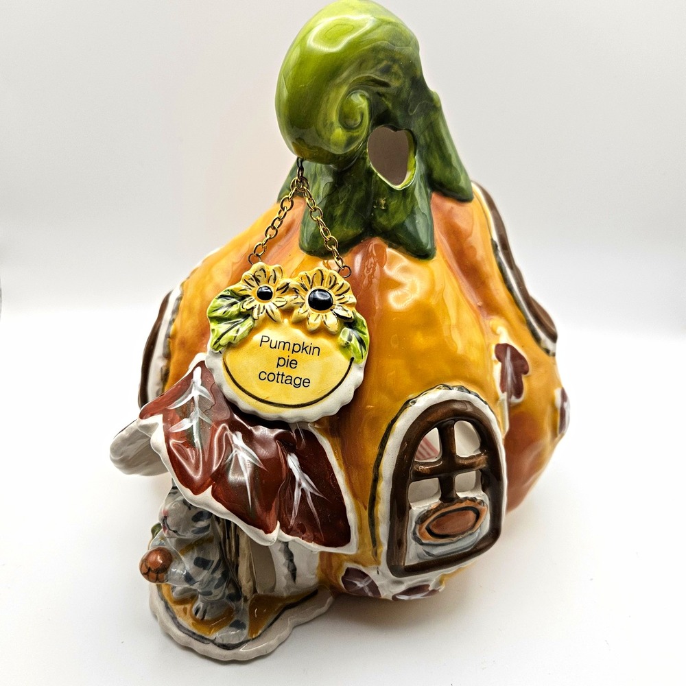 Blue Sky Large Pumpkin Pie Cottage Ceramic Fall Figurine Tea light holder Glossy